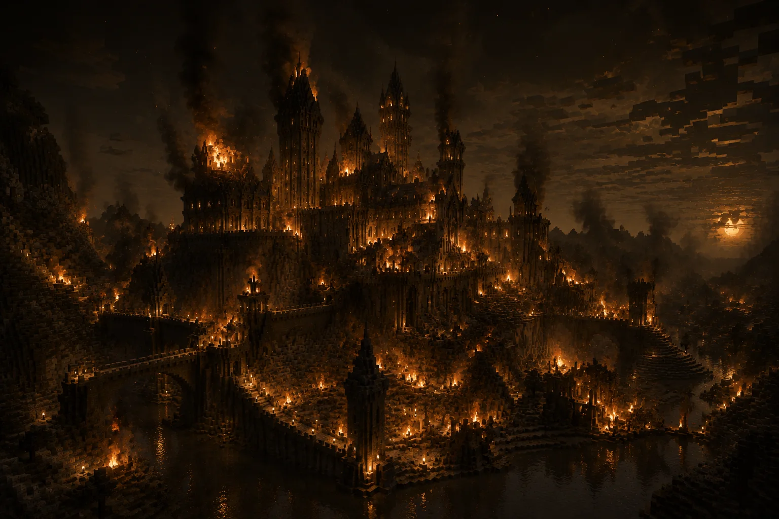 Minecraft castle world damaged by fire